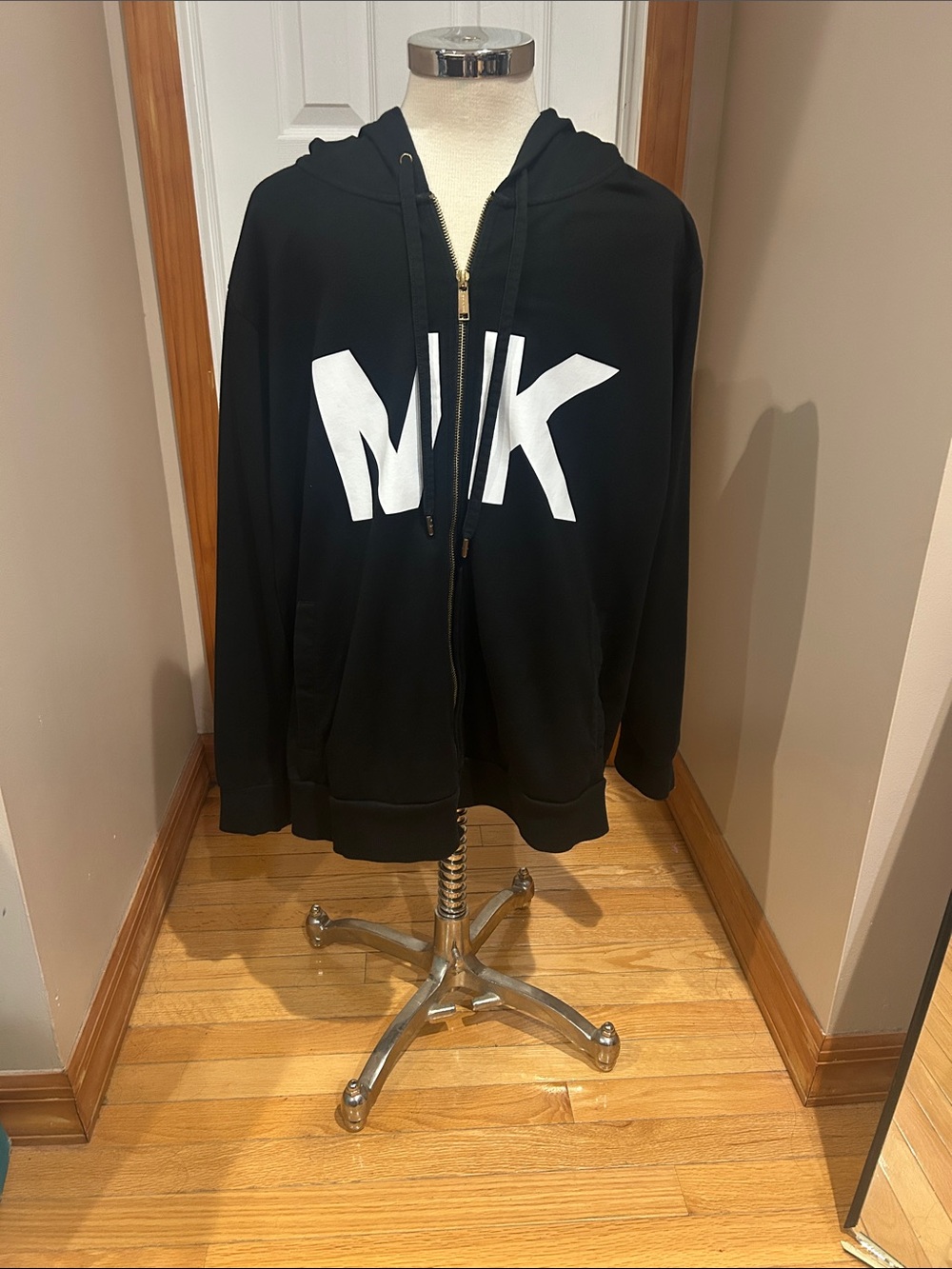 Michael Kors Black Zip Hoodie with White Logo and Gold Hardware